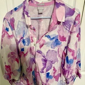 Chico's Watercolor Floral Button-Down Shirt - Pink, Purple, Blue